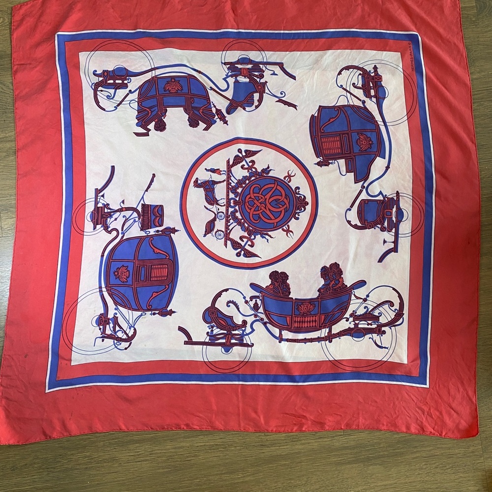 HERMES Vintage Silk Scarf Ex Libris Hugo Grygkar Horse Carriage Rare 34" x 35.5" - Picture 7 of 11